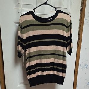 Philosophy Striped Short-Sleeve Knit Top in Black, Pink, Olive